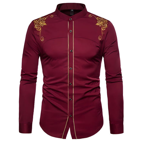 The Leander Long Sleeve Embroidered Shirt - Multiple Colors WD Styles Wine Red S 